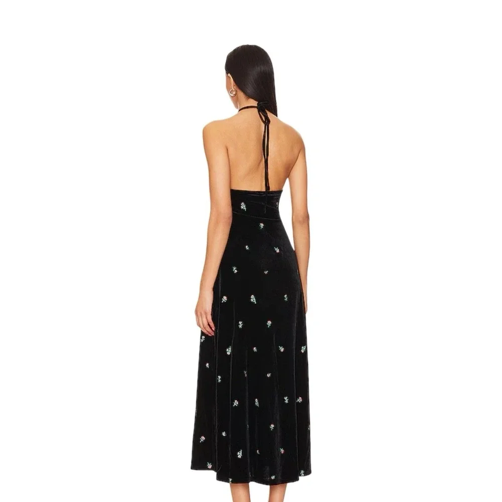 WeWoreWhat Black High Neck Flower Emboidered‎ Velvet Dress Size XS ($168)